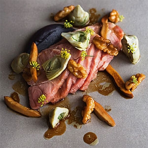 Pork Neck with Pine Mushrooms and Purple Congo Potato Puree